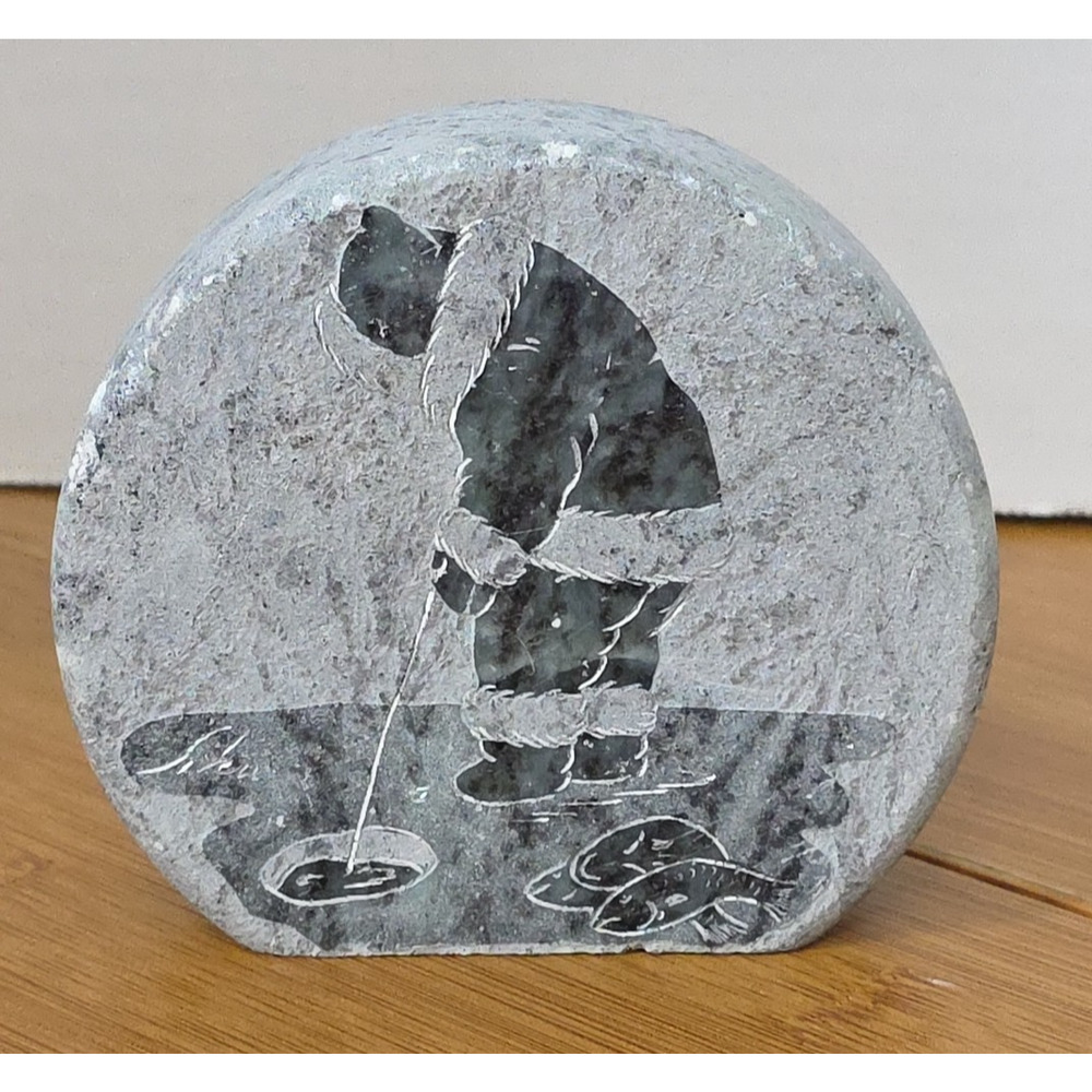 Soapstone Genuine 3.5" Hand Carved‎ in Canada Inuit Eskimo Ice Fishing Art